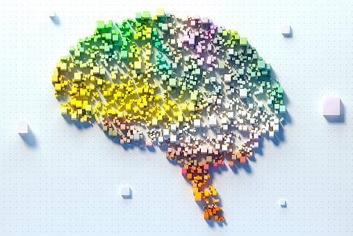 Digital generated image of multi coloured cubes connecting together and forming brain shape on white background visualising smart technology, blockchain and artificial intelligence.