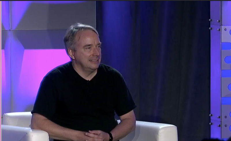Linus Torvalds speaking at the 2022 Open Source Summit event. 