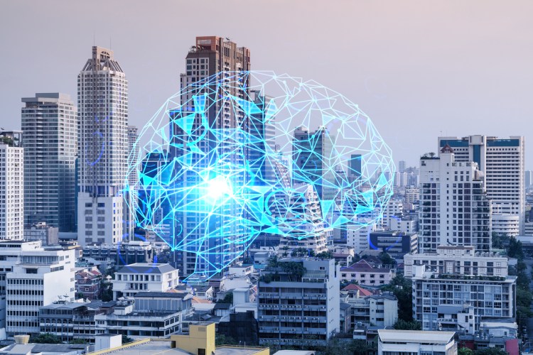 Brain hologram over panorama city view of Bangkok, the largest science hub in Asia. The concept of developing coding and high-tech science.