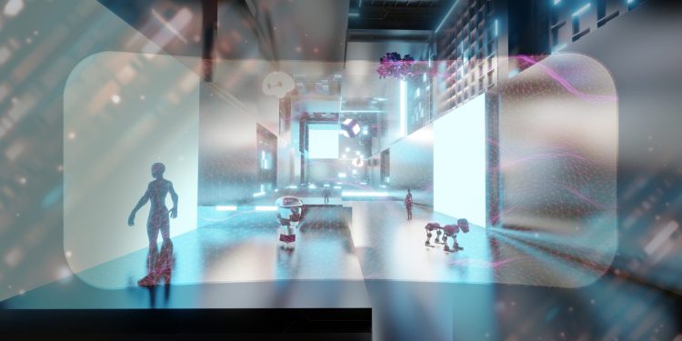 Metaverse world virtual world through vr glasses and VR camera see the city and people in the simulated world 3d illustration