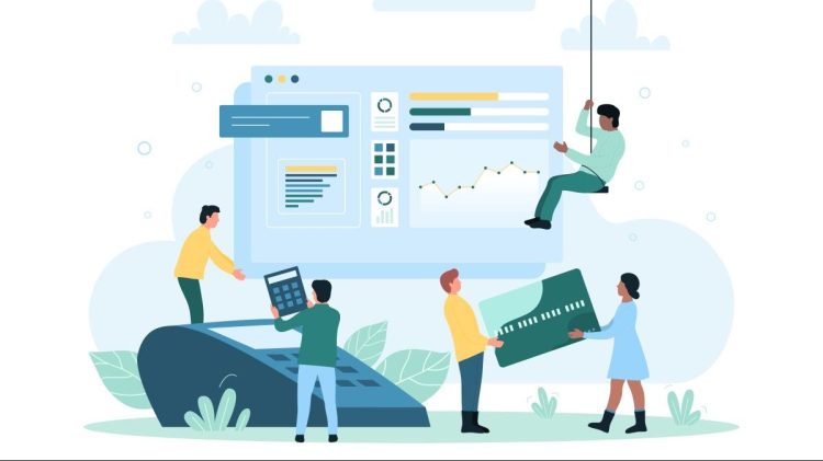 Management, analysis and development of financial investments, currency market. Cartoon tiny business people hold credit card and calculator, use POS terminal flat vector illustration. Economy concept