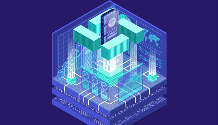 Application containerization and modular software development concept with symbol of smartphone and containers as isometric 3d vector illustration.