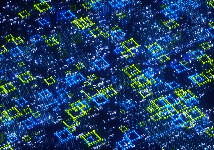 Digital generated image of blue and yellow glowing data on black background.