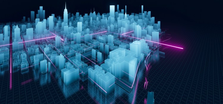 Connected city with glowing data and street lines.