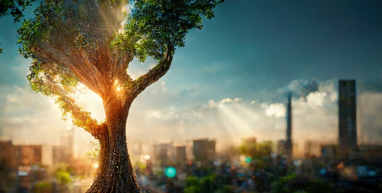 Beautiful magical tree in front of a cityscape wallpaper. Big data, sustainability, metaverse concept