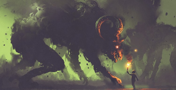 dark fantasy concept showing the boy with a torch facing smoke monsters with demon's horns, digital art style, illustration painting