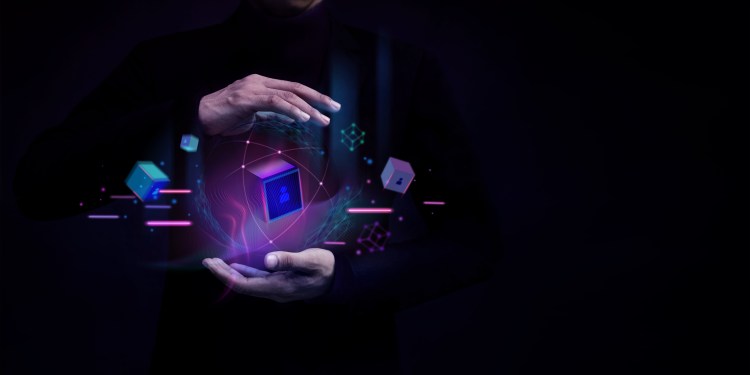 Blockchain Technology Concepts. Businessman Levitating a Digital and Futuristic Graphic to Connecting People and Web3 economics.