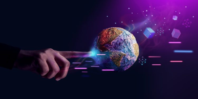 World Technology Concepts. Metaverse, Web3 and Blockchain. Global Network and Data Exchange. Worldwide Business. Hand Touching to Interact with the Globe
