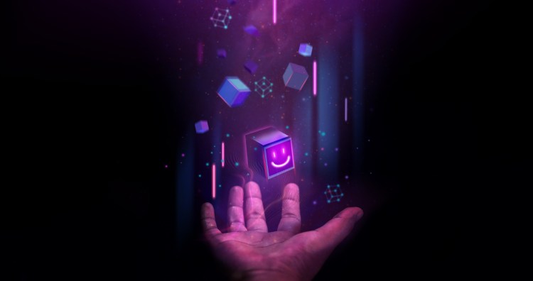 Web3, Blockchain Technology Concepts. Hand Levitating a Digital Smiling Box Icon and many Futuristic Graphic to Connecting the Universe. Space Elements from Nasa