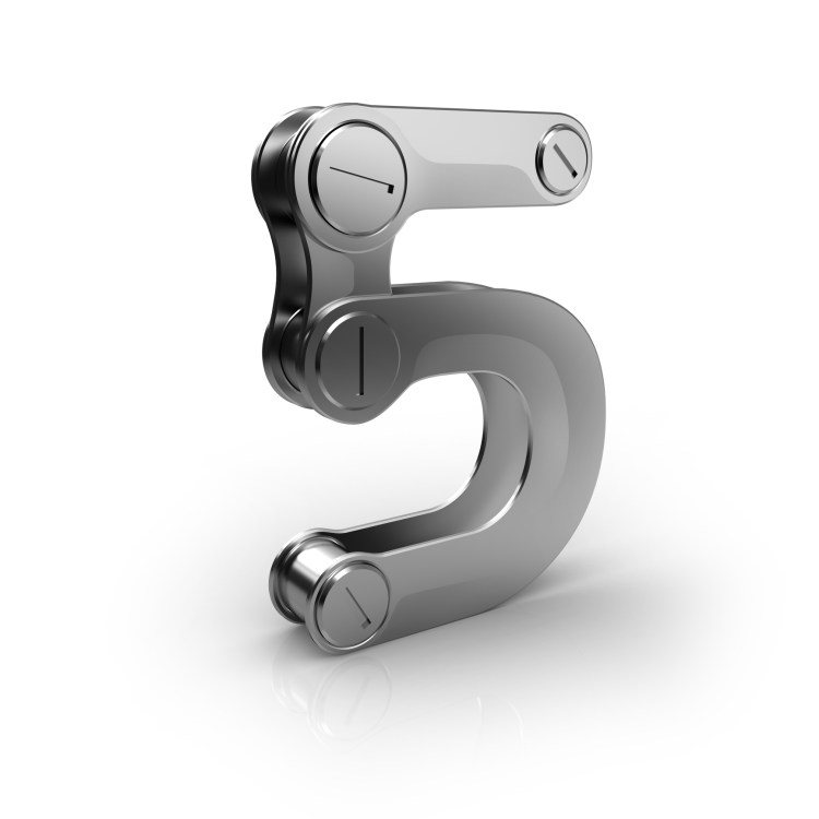 shiny metallic 3D render of a mechanical robot like number 5..see also other numbers: