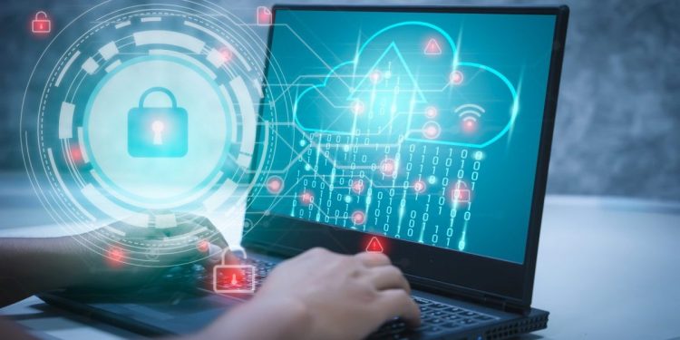 Businessmen work from home on a computer with a keyhole icon for personal access security systems. the concept of cyber information data and privacy on high technology in the present and future.