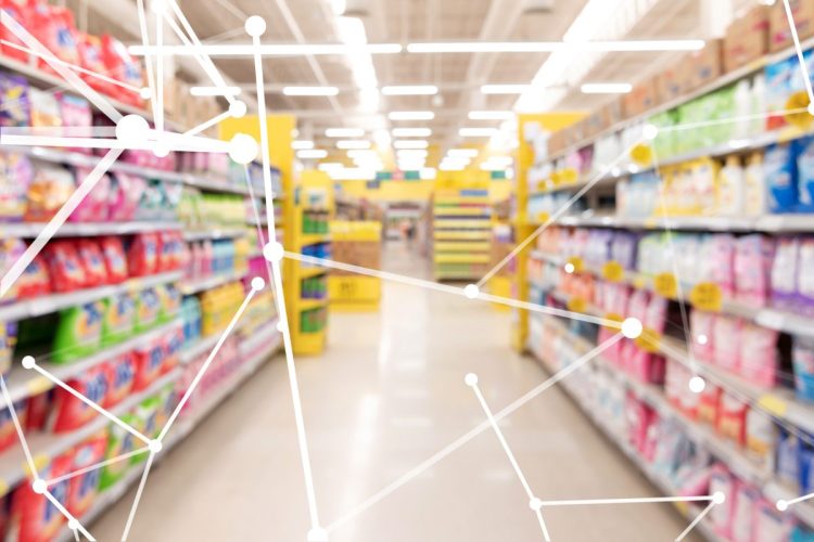 Smart retail, deep learning , neural networks technology and marketing concept. Disruption artificial intelligence atoms connect with retail shop supermarket store background.