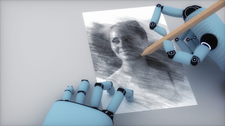 an artificial intelligence paints a portrait of a woman (3d rendering), representing AI text-to-image, generative AI