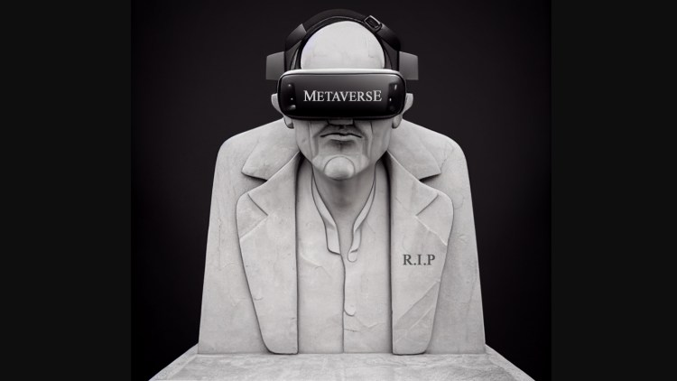 Concept image: metaverse isn't dead. Statue of person in VR glasses with RIP on jacket