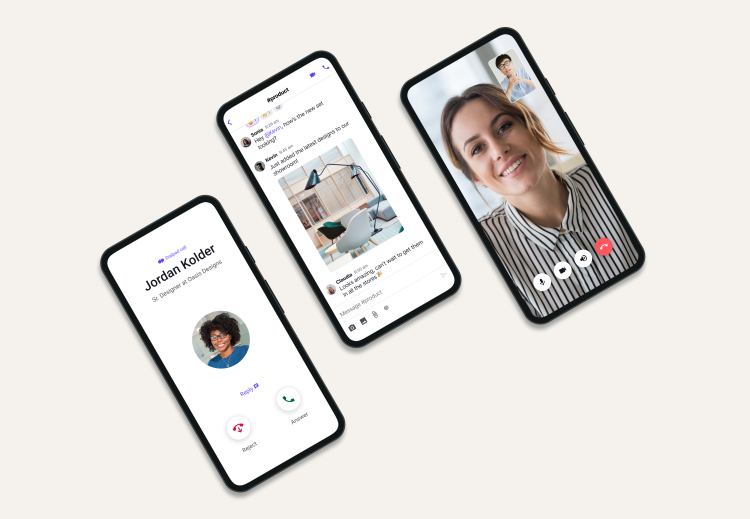 image of 3 smartphones, each with different screens from the Dialpad platform
