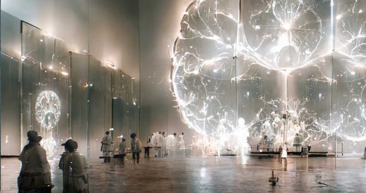 Illustration of people in a hall with a lit-up brain image at the far end, representing intelligence