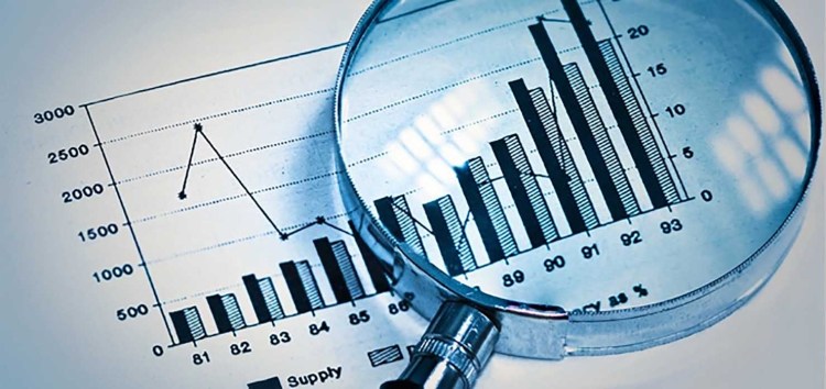 Image showing magnifying glass over a bar chart, representing market research, focus
