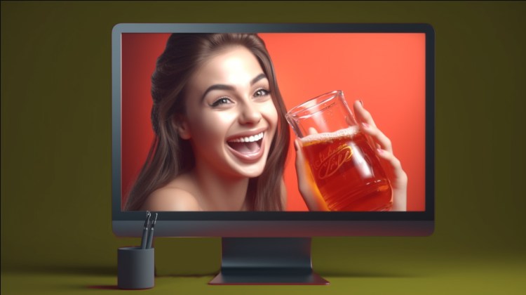 AI-generated image of a smiling fake person drinking a beverage