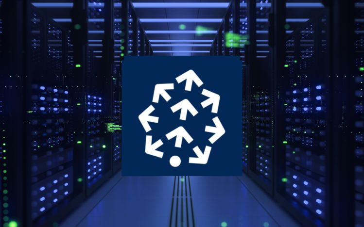 Pinecone vector database logo overlaid on a picture of a server room.