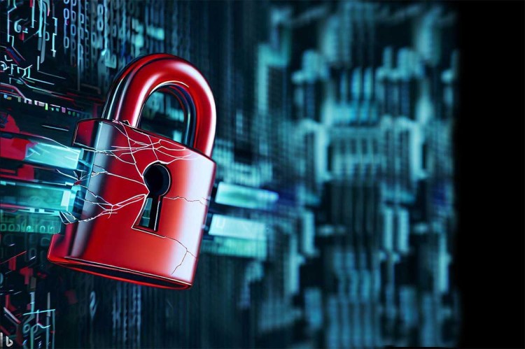Red padlock with cracks over a background of electronic circuitry to represent security breach