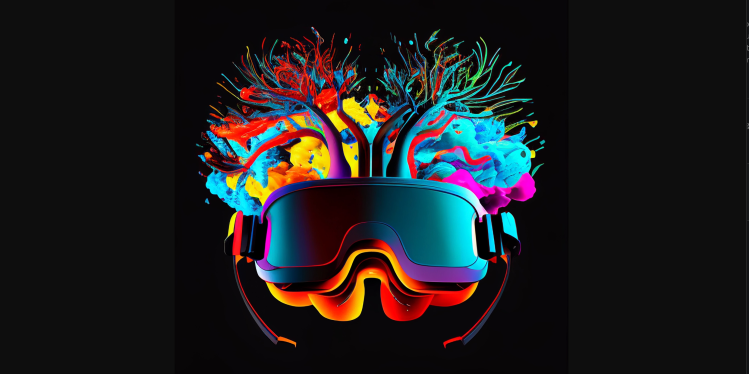 Drawing of VR glasses over a colorful concept of the human brain