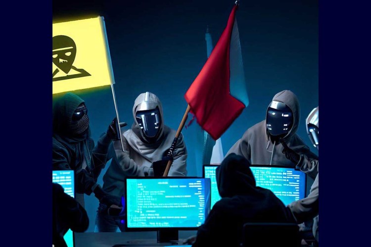 masked people holding flags standing behind a person in a dark hoodie typing on a computer