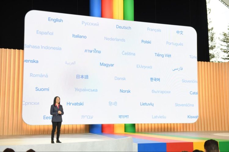 Photo of Sissie Hsiao on stage at the Google I/O conference
