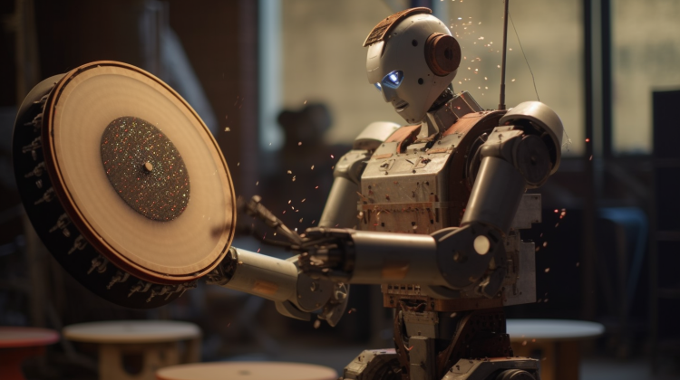 A robot bangs a gong.