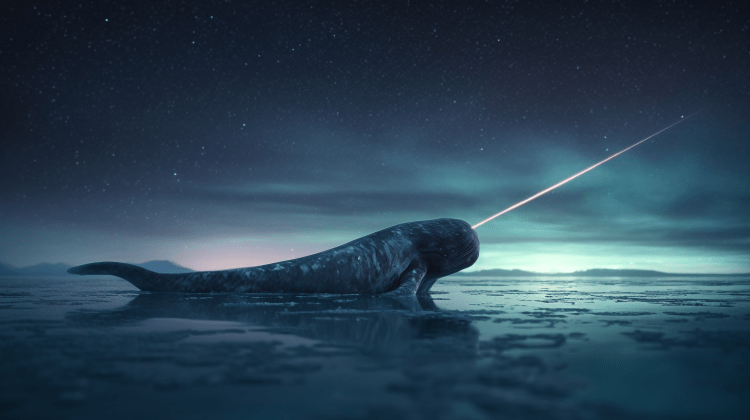 A narwhal rests on an icy lake and stares up at the glowing aurora borealis in the night sky.