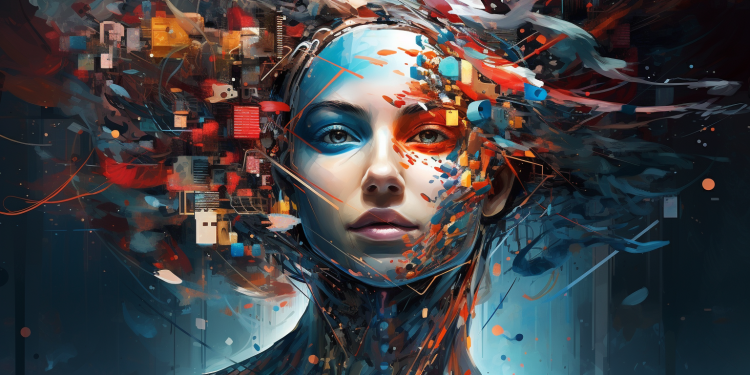 A concept of an artificial intelligence face fragmenting and changing