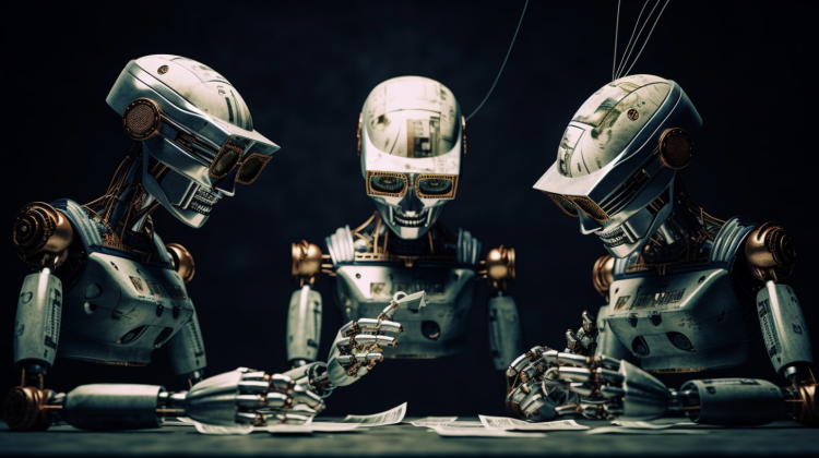 Three robots look down at a pile of cash money