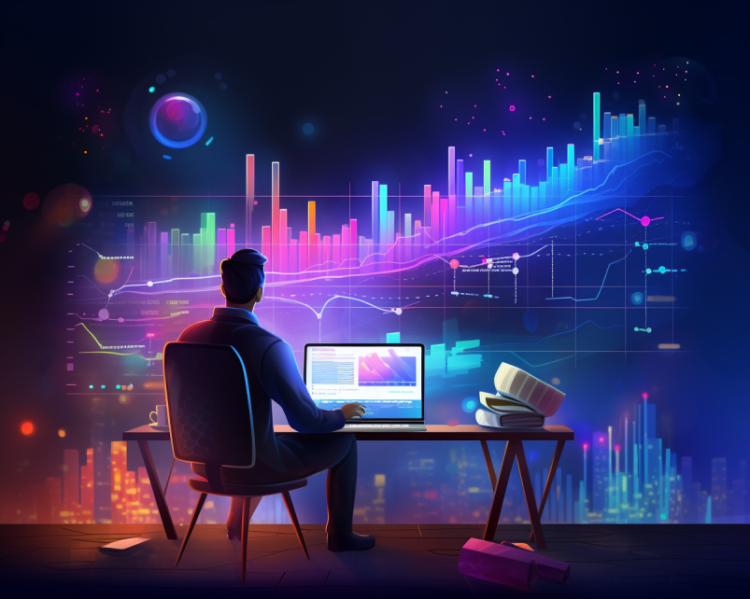 A silhouette of a masculine presenting person seated at a desk with a laptop watching glowing charts rise along the wall before him