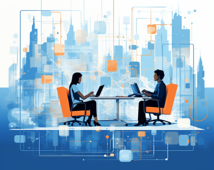 Vector art of two people sitting at a table doing work