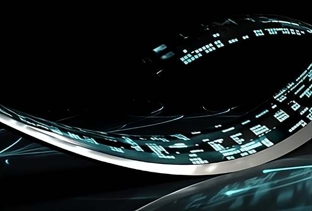 A shiny metallic boomerang zooms through a vast digital void, its cleanly curved surface reflecting simulated light as numbers and code scroll down its length. Data particles stream off the spinning weapon, unfolding as it spins to reveal hidden messages within a string of ones and zeros.