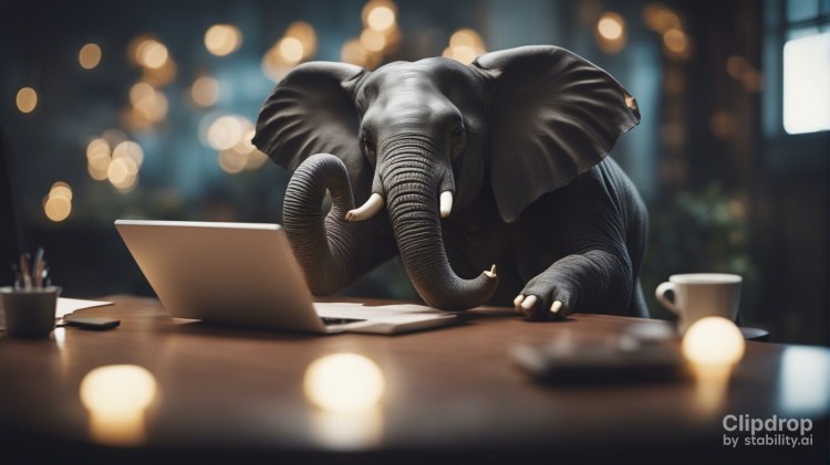 PostgreSQL 16 database represented as an elephant sitting at a desk working on a computer.