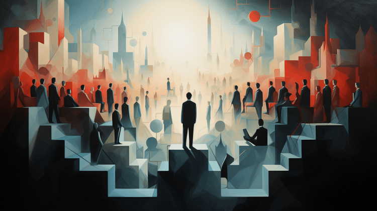 Centered silhouette of a masculine presenting human figure wearing a business suit surrounded by similarly garbed figures in front of an impressionistic city backdrop in gray and red.
