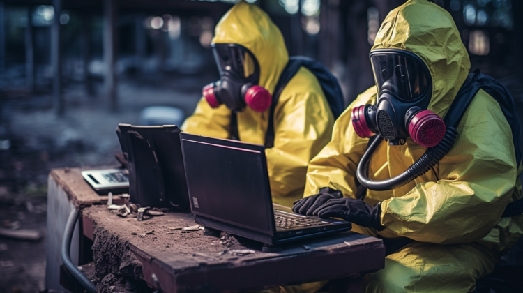 Biohazard suits typing on a computer.