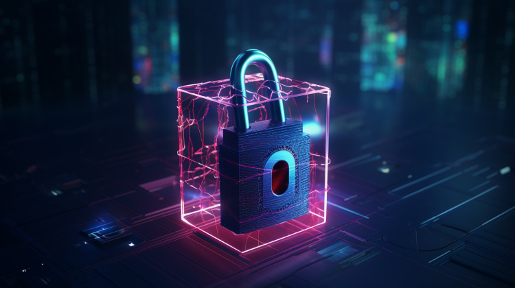 A padlock hovers inside a glowing pink holographic cube.