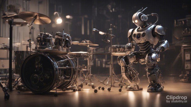 Robot playing drums created with Stable Diffusion