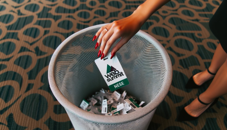 A feminine looking hand with red nails drops a Web Summit badge into a trash can.
