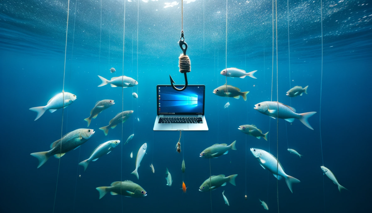 A laptop submerged in the ocean, dangling from a fish hook and surrounded by curious fish.