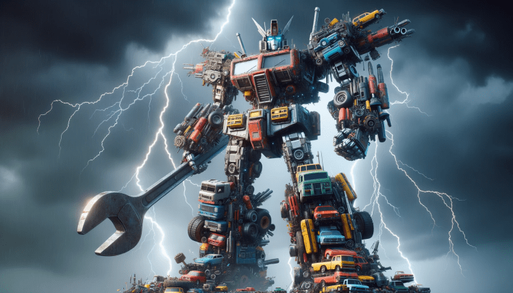 Illustration of a large robot made up of small colorful cars and vehicles, holding a giant wrench against a lighting filled dark cloudy sky.