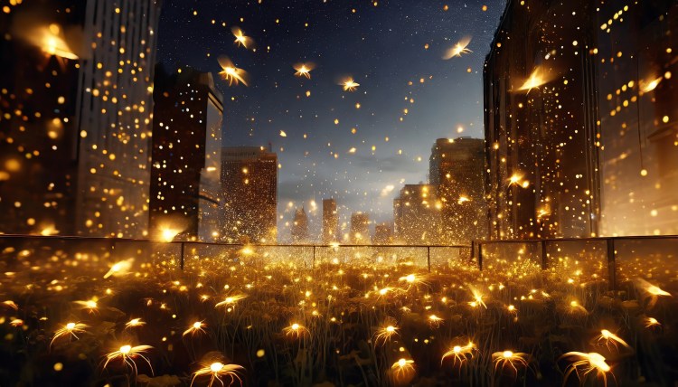 A field full of fireflies atop a city building at dusk.