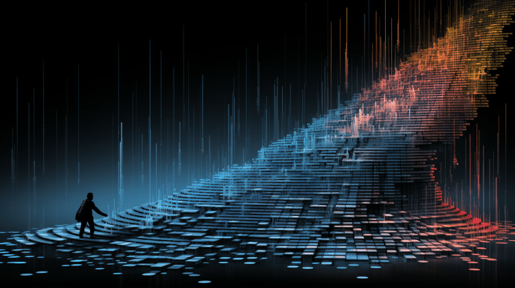 A human silhouette walks up a hill made of glowing colorful data.