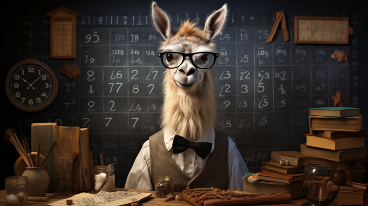 A professorial llama wearing black glasses and a black bow tie and gray vest over white button up collared shirt stands before a chalkboard covered with math equations.