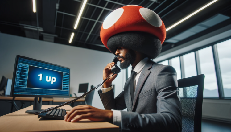 A salesperson wearing a large red mushroom hat makes a phone call at a desk while starting at a computer monitor displaying blue text reading 1up.