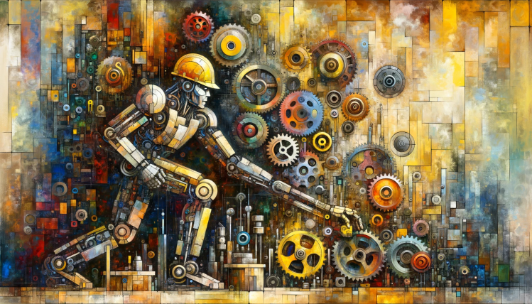 Abstract expressionist style painting of a robot wearing a hard hat reaching a long arm out to pick up a gear from a colorful pile of them.