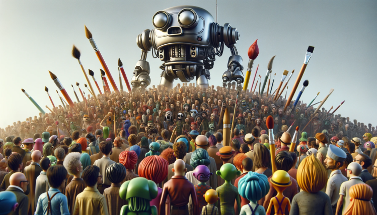 A robot peers down at a crowd of artists holding oversized paintbrushes and pencils.