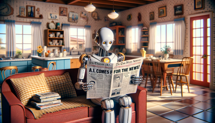 A robot sits on a couch in a 1950s style home reading a newspaper.