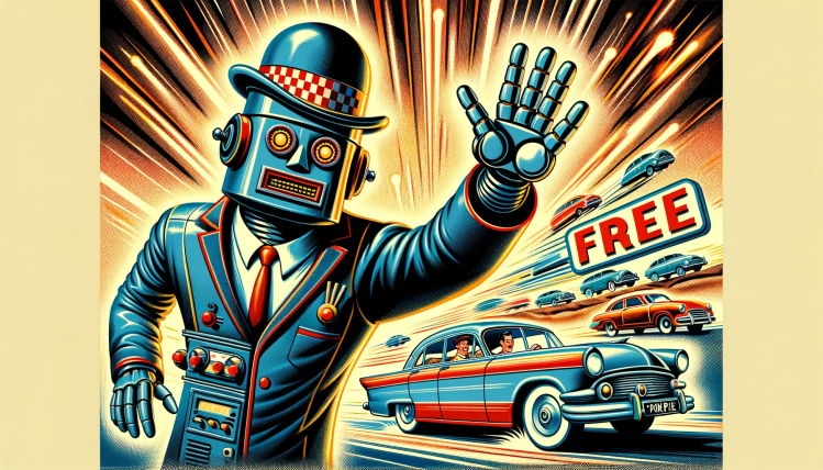 A robot car dealer in a porkpie hat waves as customers drive away with a car marked Free